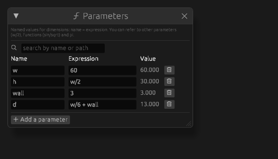 Параметры проекта: h считается от w, d — от w и wall. Правится одно число, меняются все.